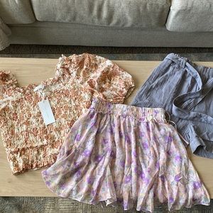 Floral Stretchy Top, Gray Shorts with Tie Belt, and Purple Floral Flounce Skirt